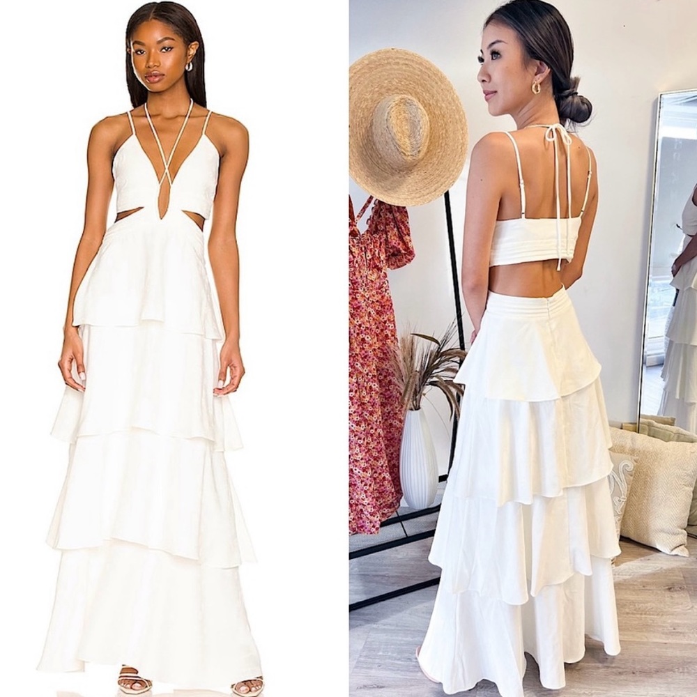 LINE + DOT Ivory Floral Embroidered Sleeveless Cutout Ruffle Tiered Maxi Gown XS